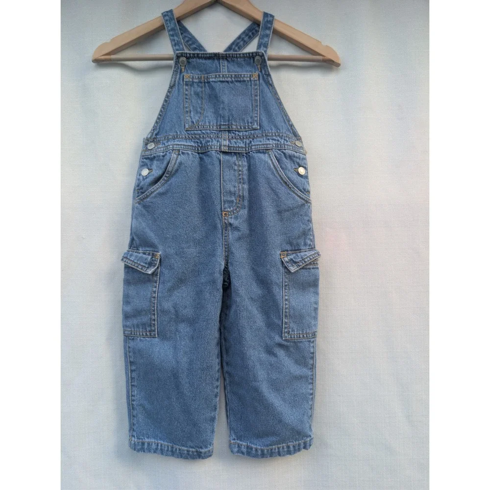 Vintage Gymboree Overalls Kids Size Small 2T 3T Blue Denim Cargo Rainbow Tag 90s